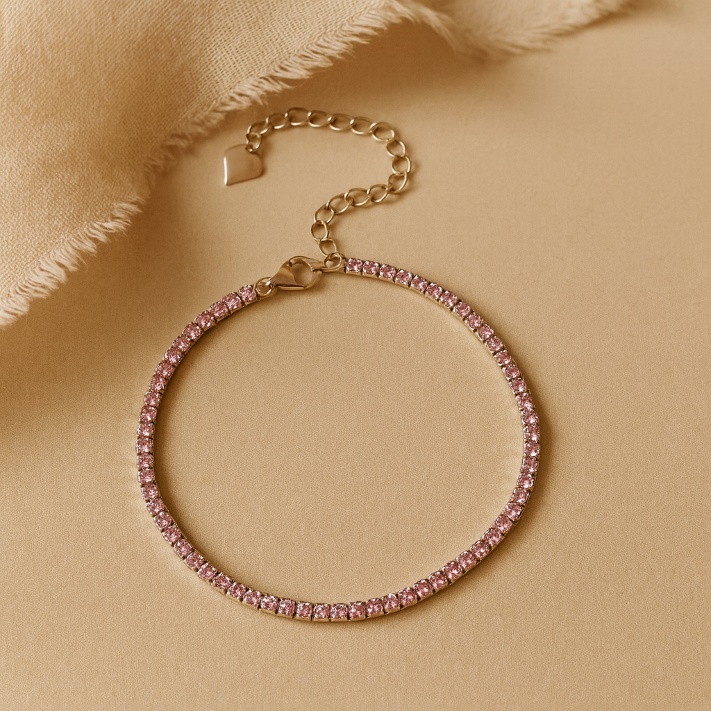 2mm light pink tennis bracelet in 925 sterling silver, elegant pastel gemstone bracelet by Anushka Jain Jewellery