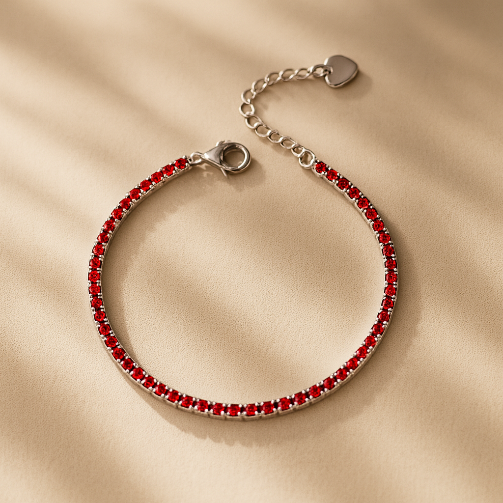 2mm ruby tennis bracelet in 925 sterling silver, elegant red gemstone bracelet by Anushka Jain Jewellery