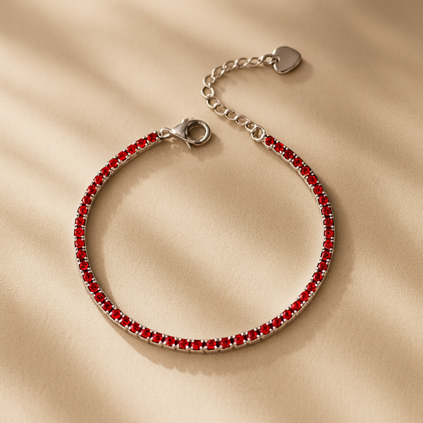 2mm ruby tennis bracelet in 925 sterling silver, elegant red gemstone bracelet by Anushka Jain Jewellery