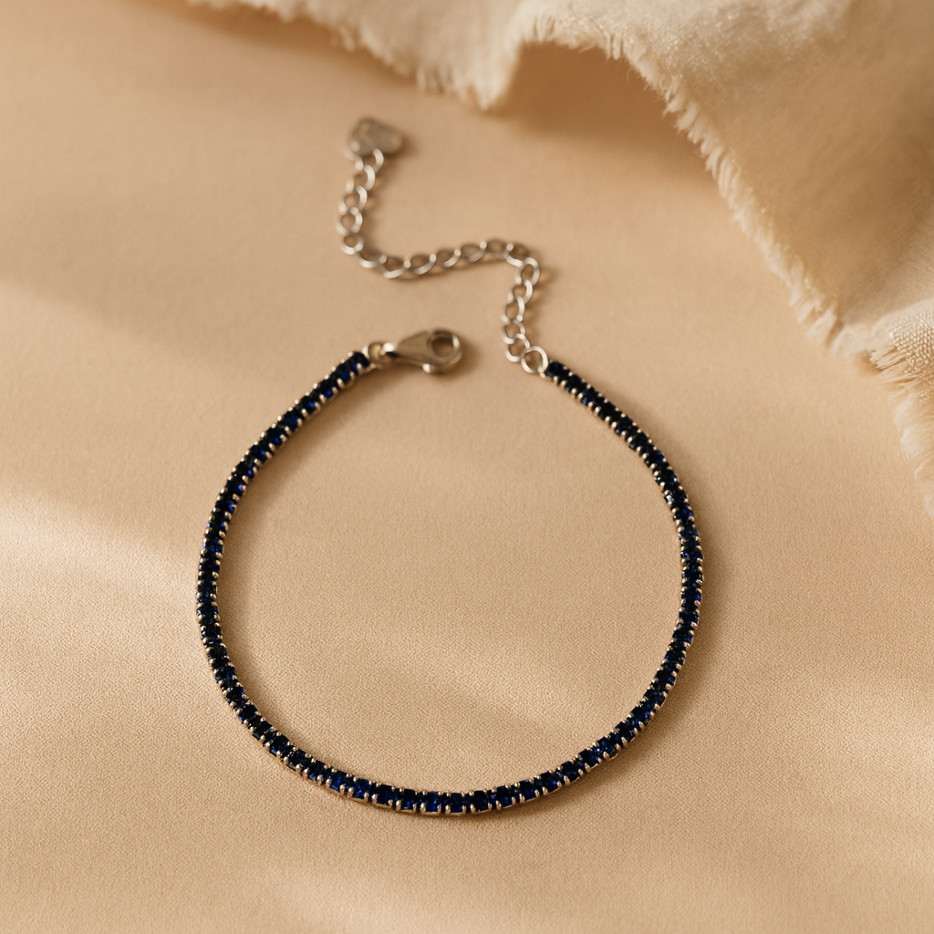 2mm sapphire tennis bracelet in 925 sterling silver, elegant blue gemstone bracelet by Anushka Jain Jewellery