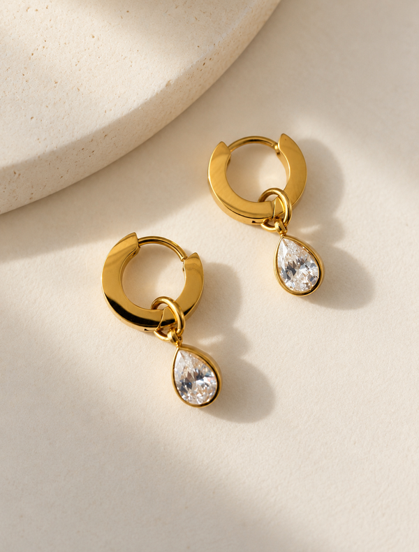 Pear Bezel Drop Huggie