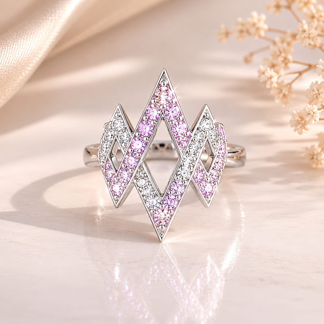Pink & White CZ Geometric Diamond Ring