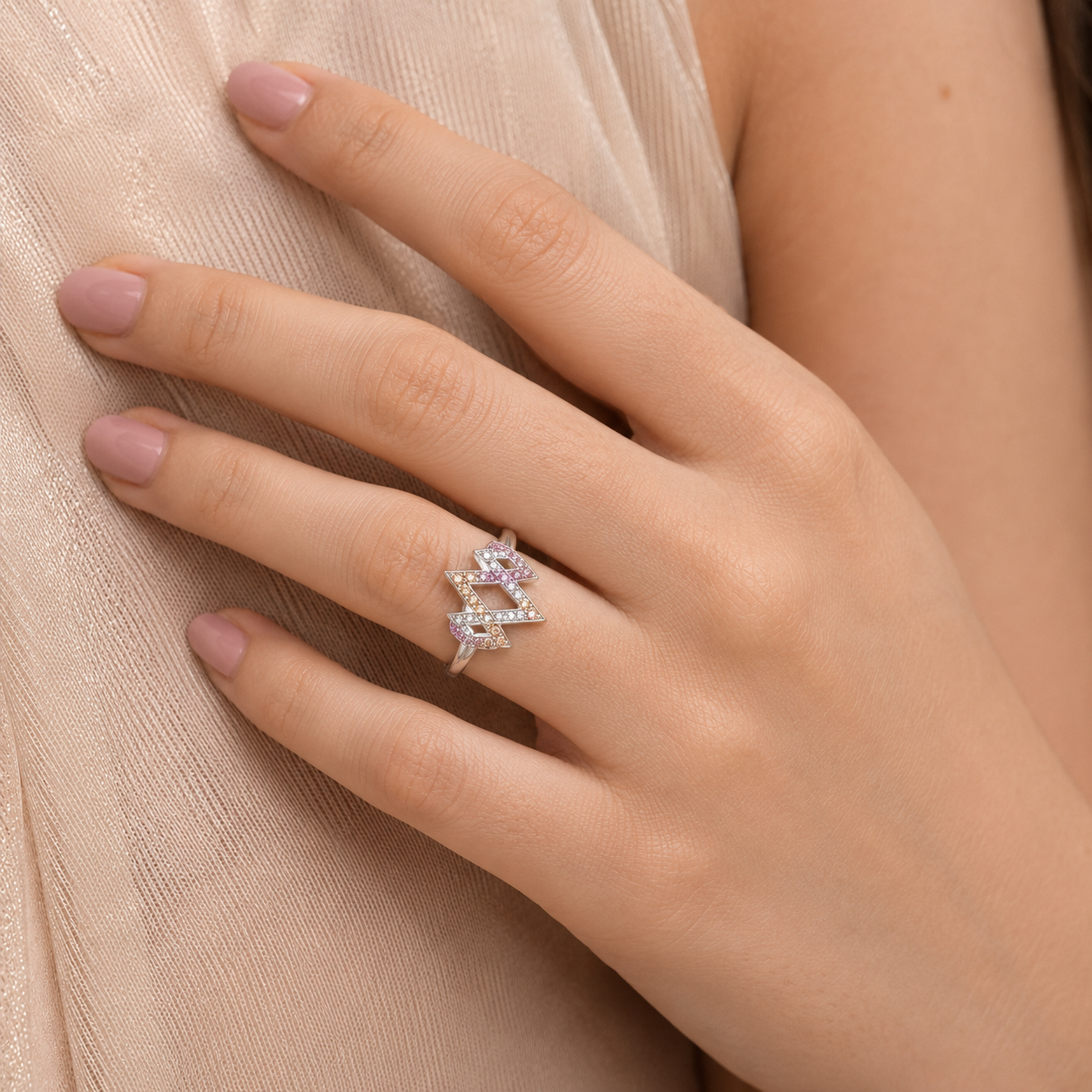 Pink & White CZ Geometric Diamond Ring