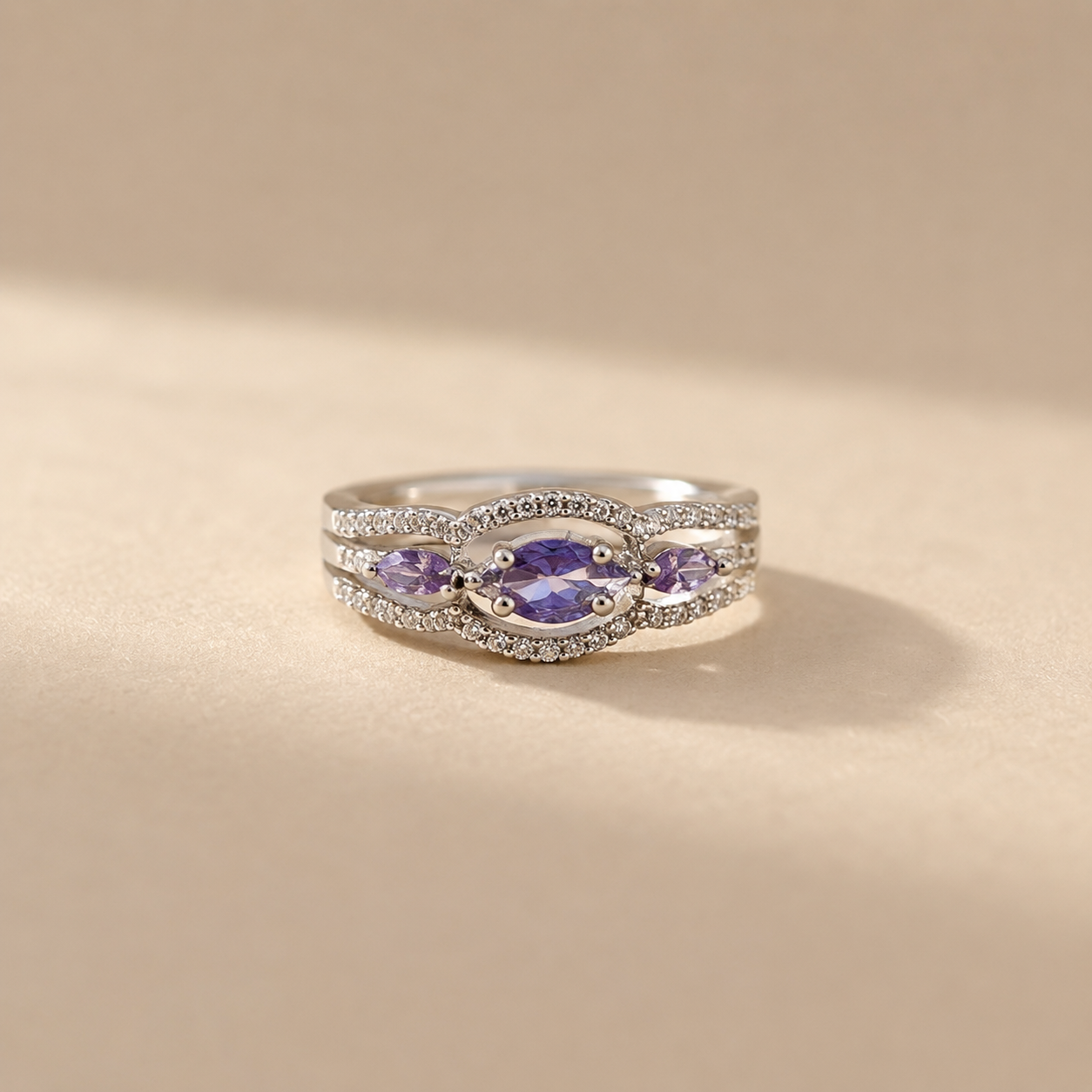 Amethyst Halo Trio Ring