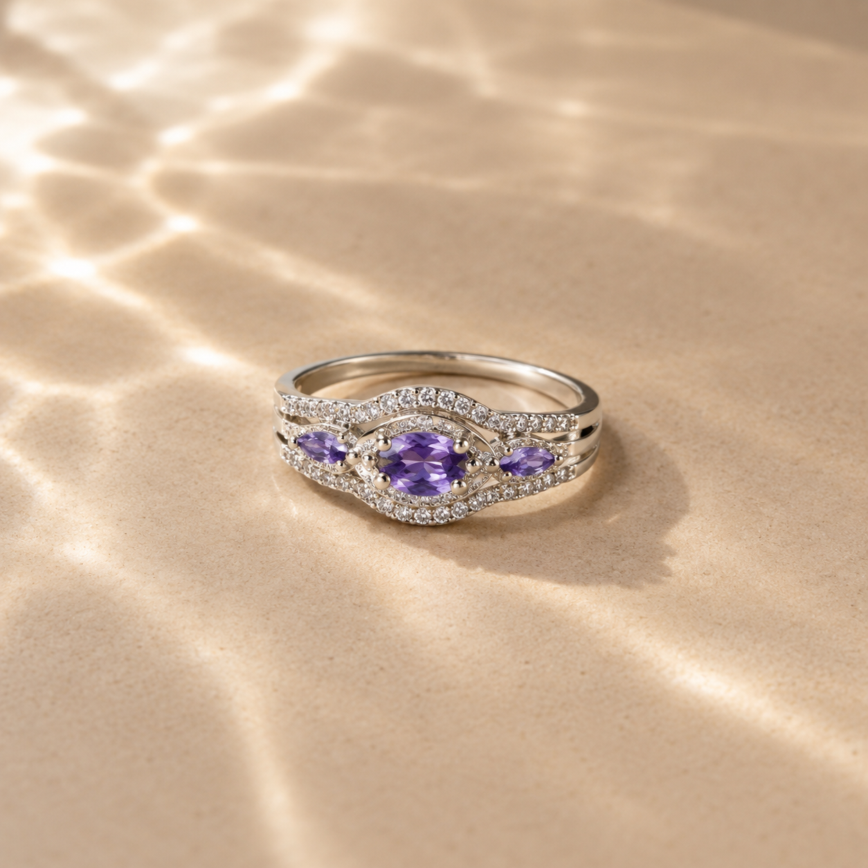 Amethyst Halo Trio Ring