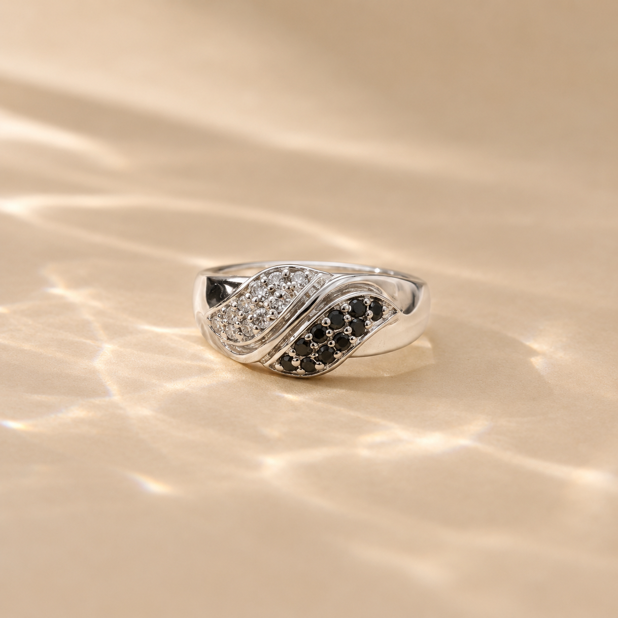 Black Onyx & White CZ Wave Ring