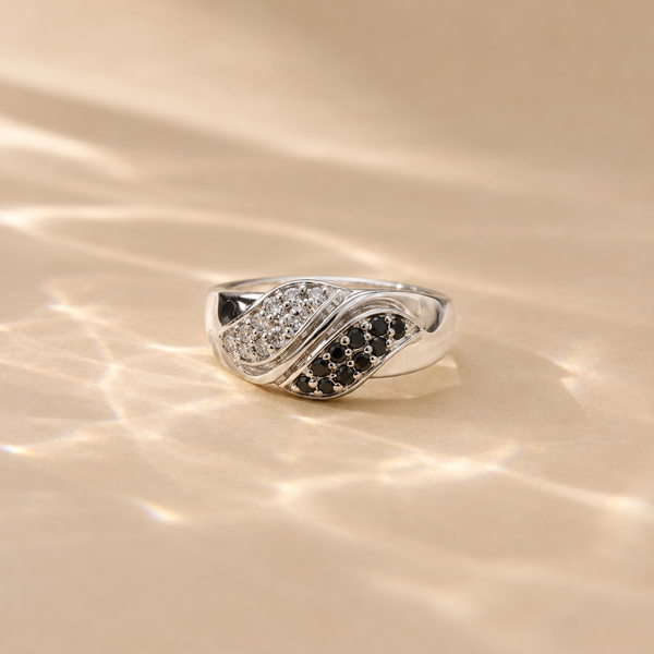 Black Onyx & White CZ Wave Ring