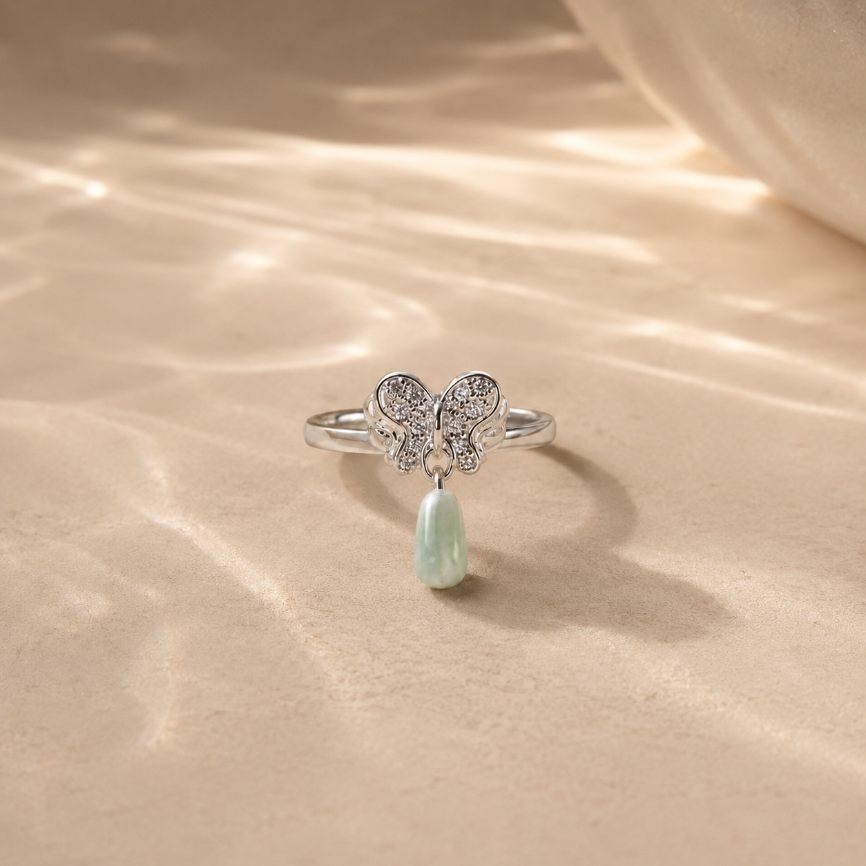 Green Jade Butterfly Dangle Ring
