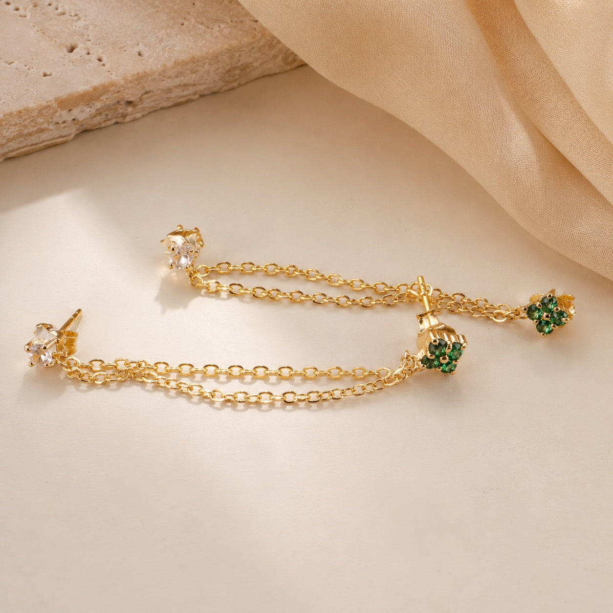Emerald Diamond Duet Chain Earrings