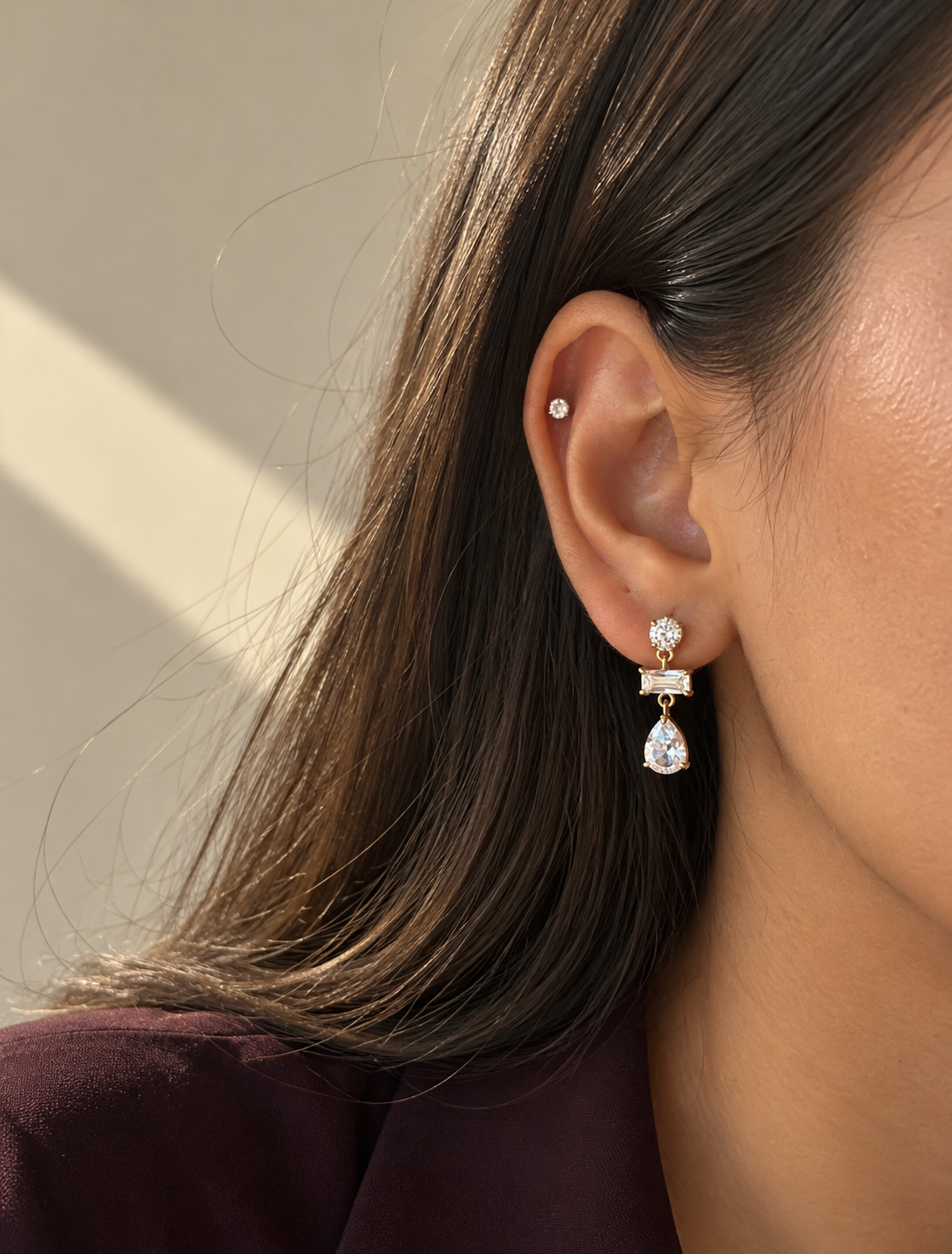 Round Baguette Pear Drop Earring