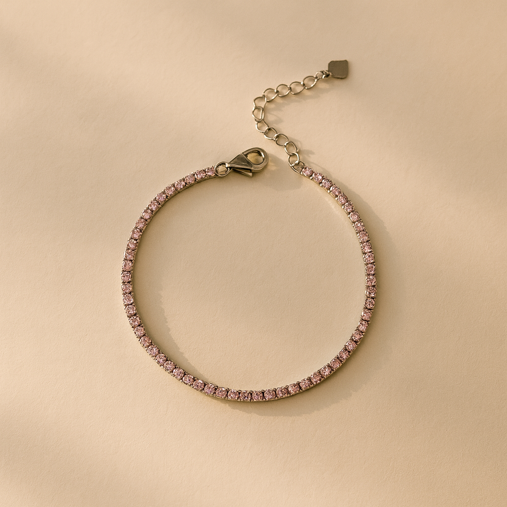 Dainty 2mm blush pink tennis bracelet in 925 silver, minimal fine jewellery
