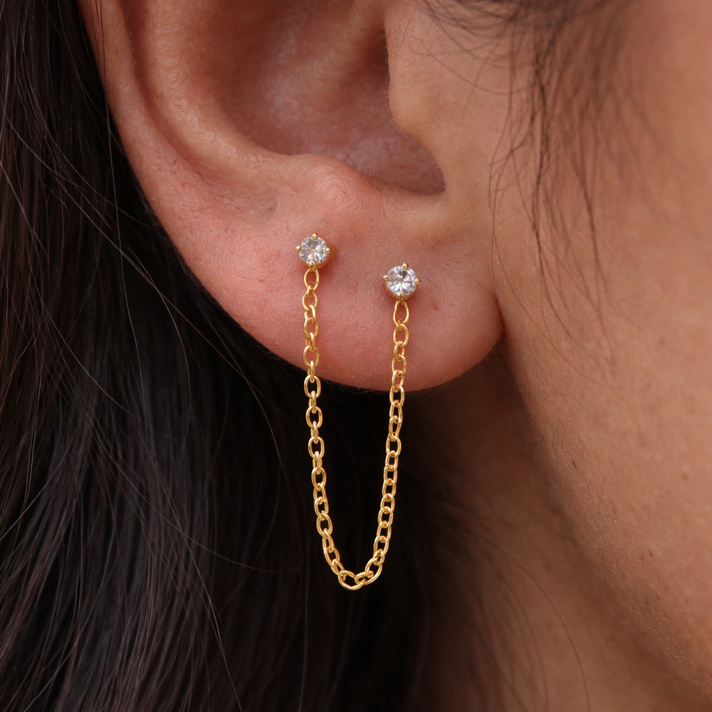 Diamond Ear Chain Studs-Chains and Threaders-Anushka Jain Jewellery