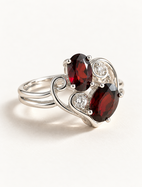 Dual Garnet Heart Swirl Ring