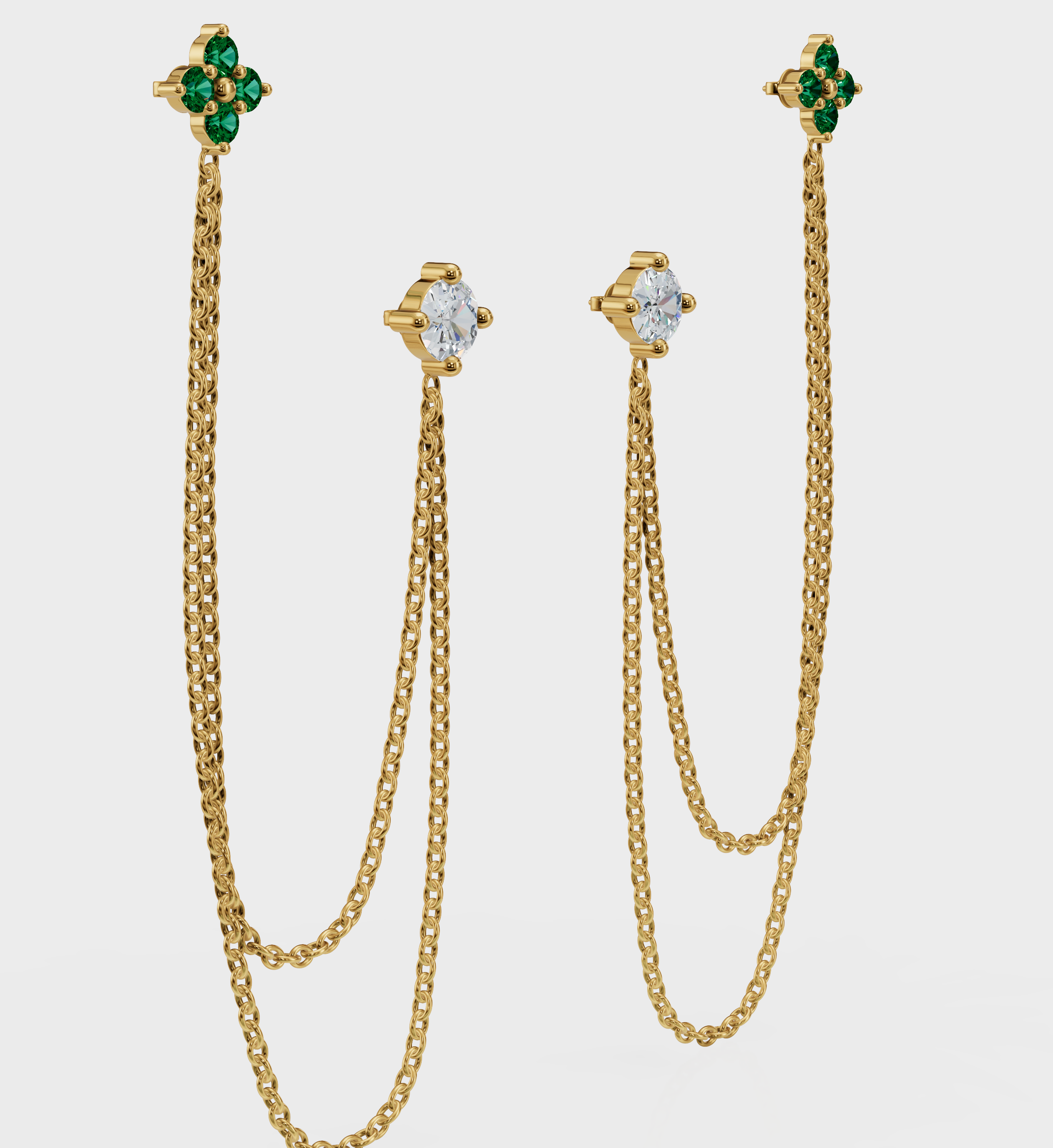 Emerald Diamond Duet Chain Earrings-Chains and Threaders-Anushka Jain Jewellery
