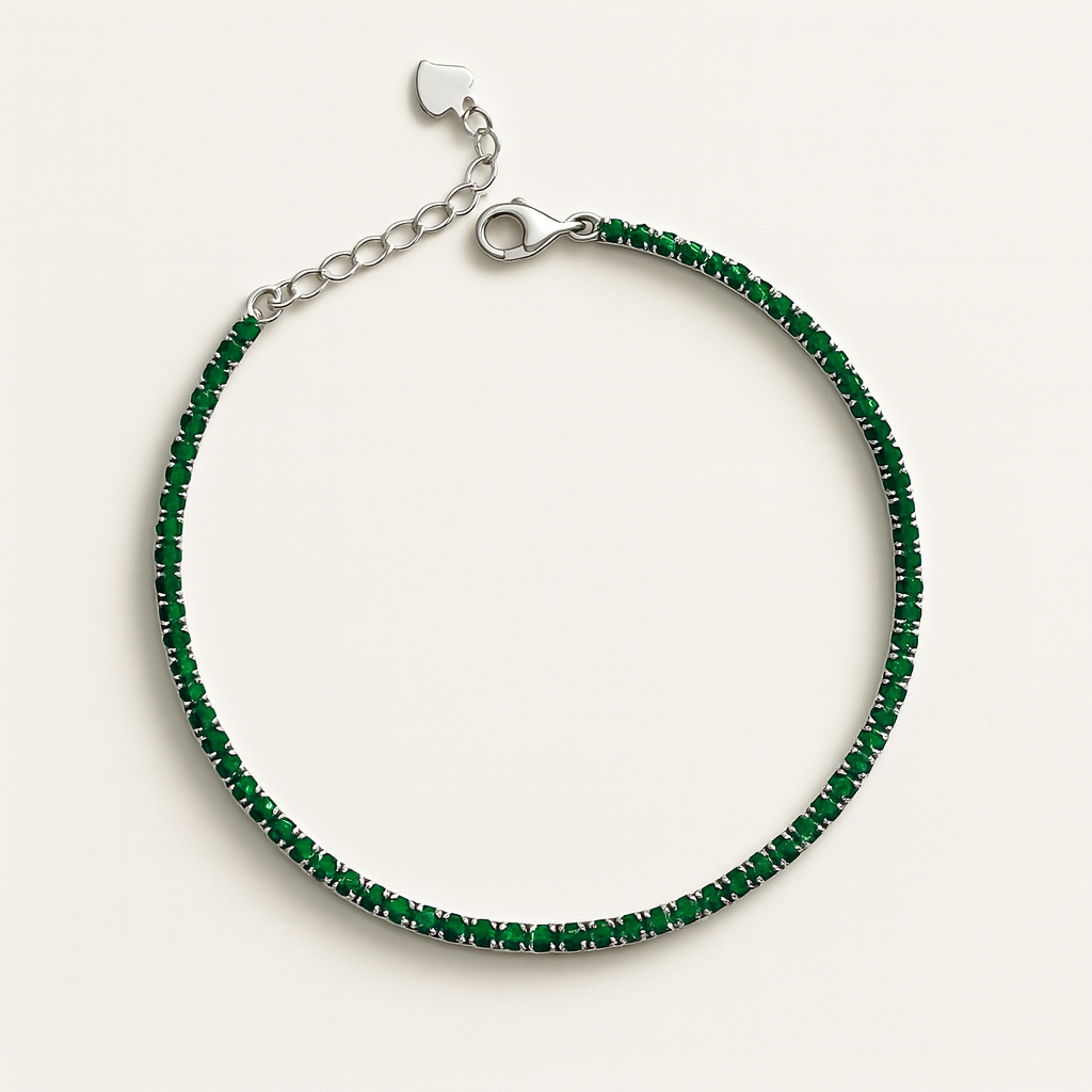 Dainty 2mm emerald tennis bracelet in 925 silver, minimal fine jewellery