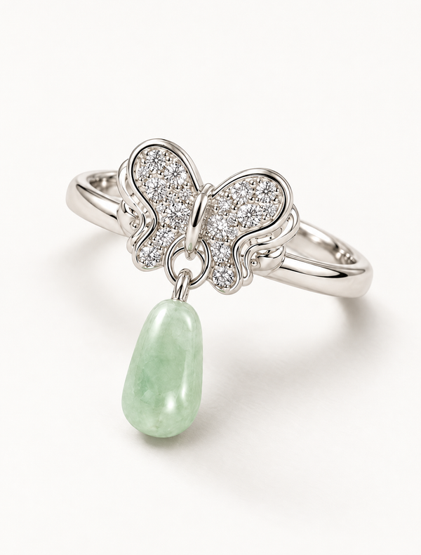 Green Jade Butterfly Dangle Ring