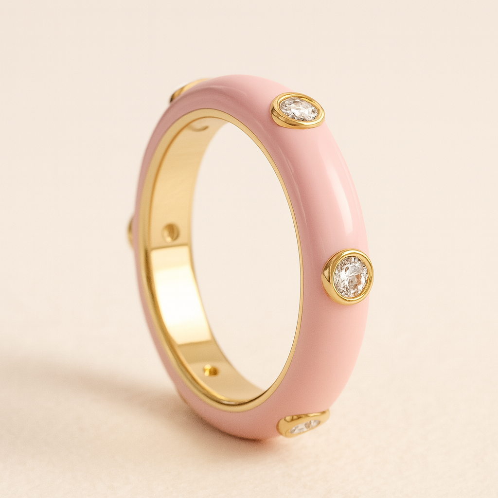 Pastel Pink Studded Enamel Ring-Rings-Anushka Jain Jewellery