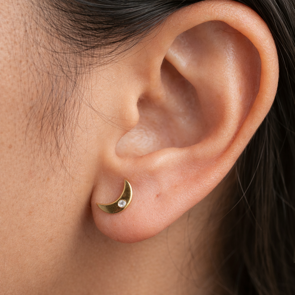 Single Diamond Moon Studs-Anushka Jain Jewellery