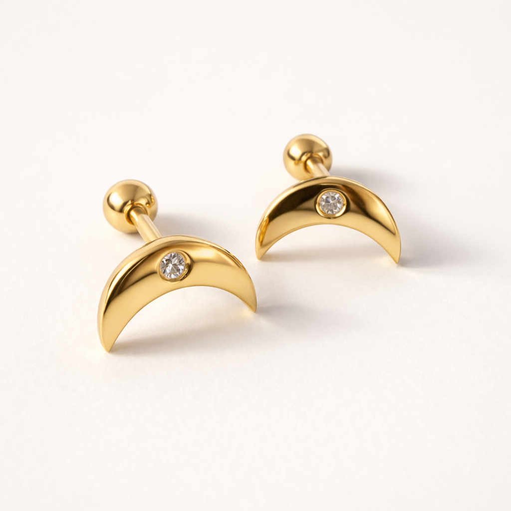 Single Diamond Moon Studs-Anushka Jain Jewellery