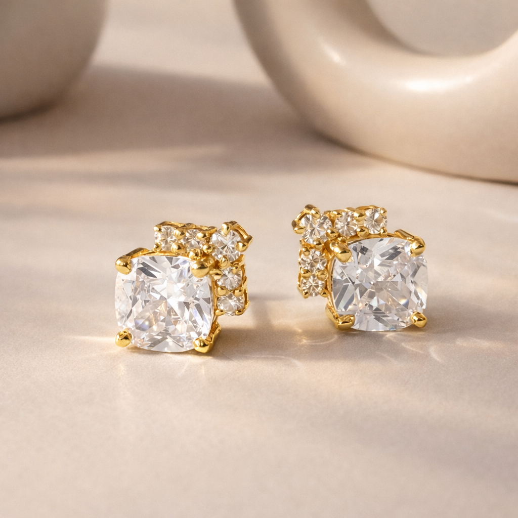 Square Diamond Line Studs-Anushka Jain Jewellery