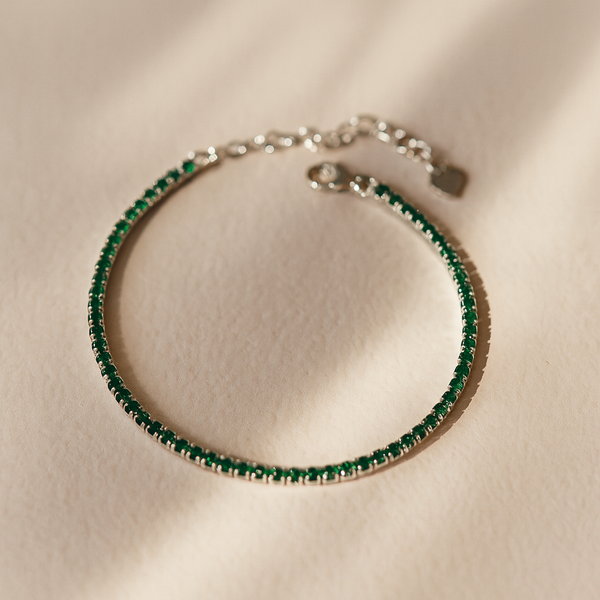 2mm emerald tennis bracelet in 925 sterling silver, elegant green gemstone bracelet by Anushka Jain Jewellery