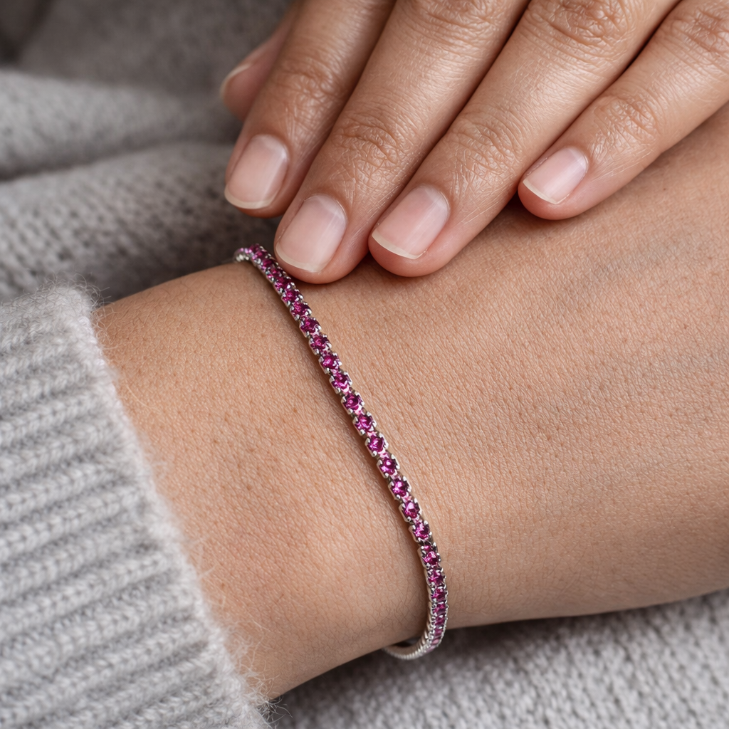 2mm pink tennis bracelet in 925 sterling silver, vibrant gemstone bracelet by Anushka Jain Jewellery