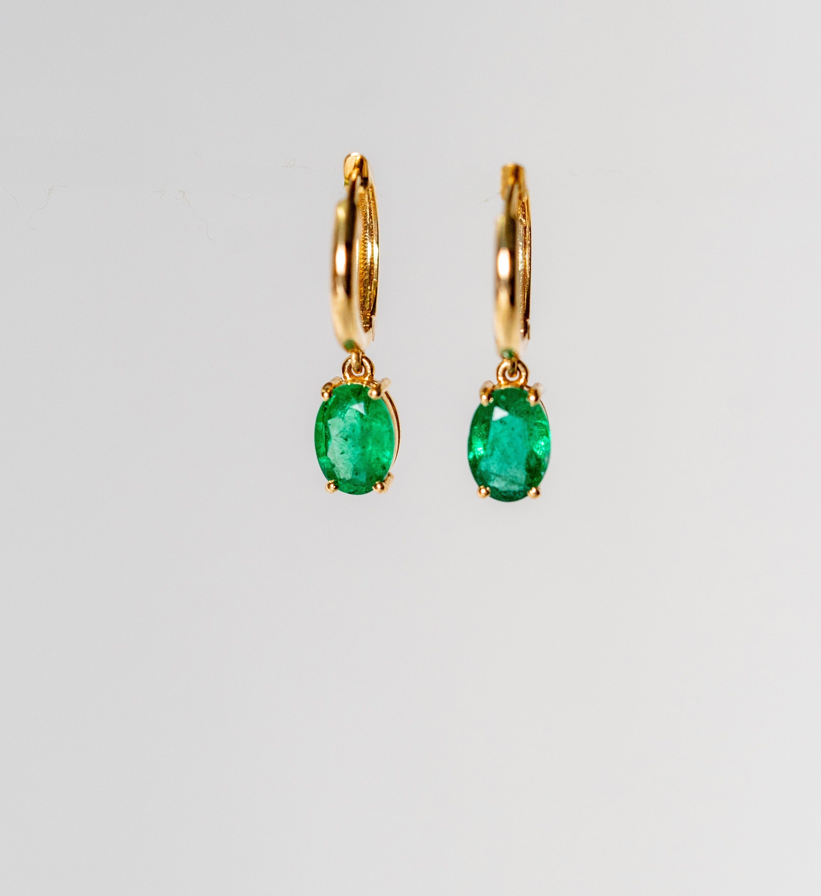 18k Emerald Oval Prong Drop Huggie