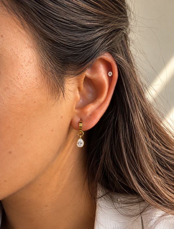 Pear Bezel Drop Huggie