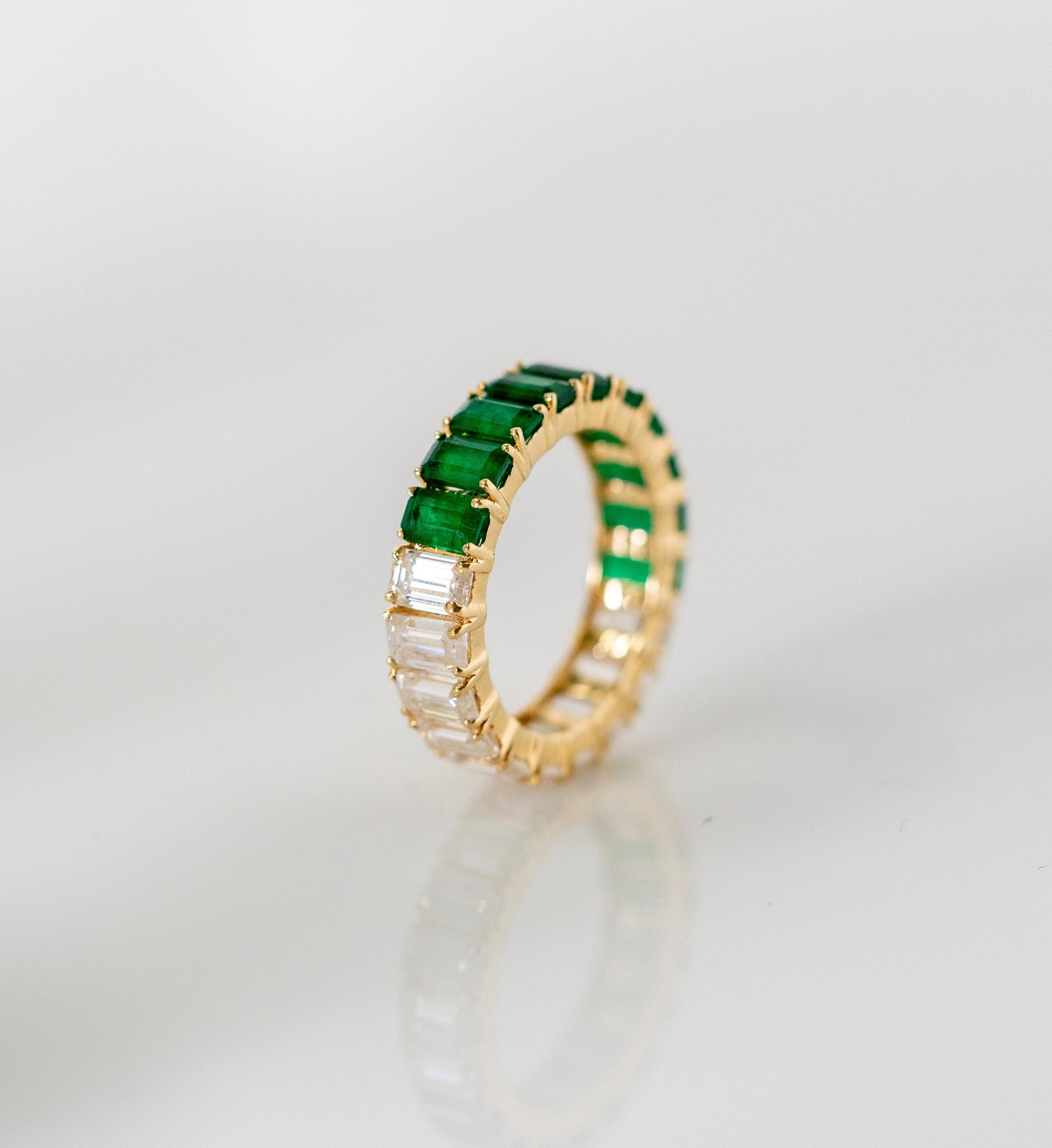 Emerald Moissanite Eternity ring Yellow Gold