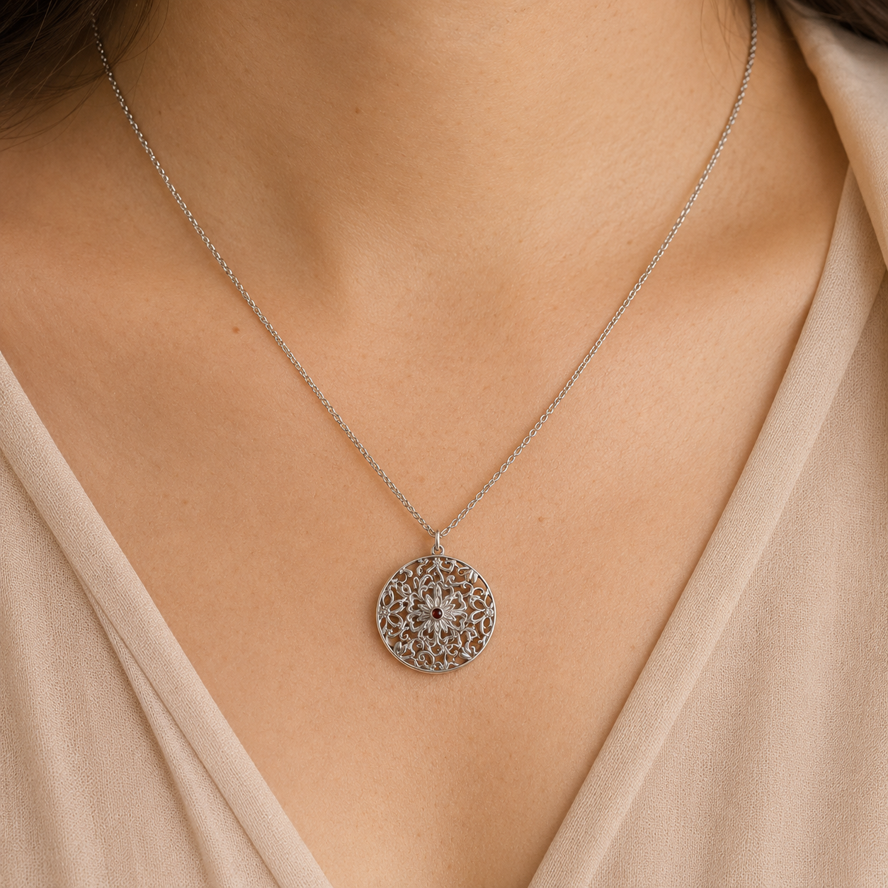 Garnet Halo Necklace