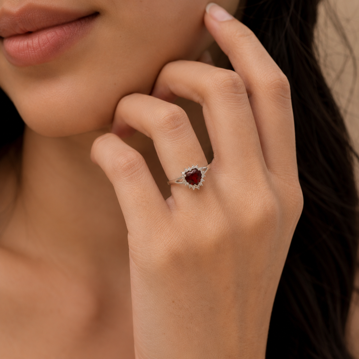 Garnet Heart Halo Ring
