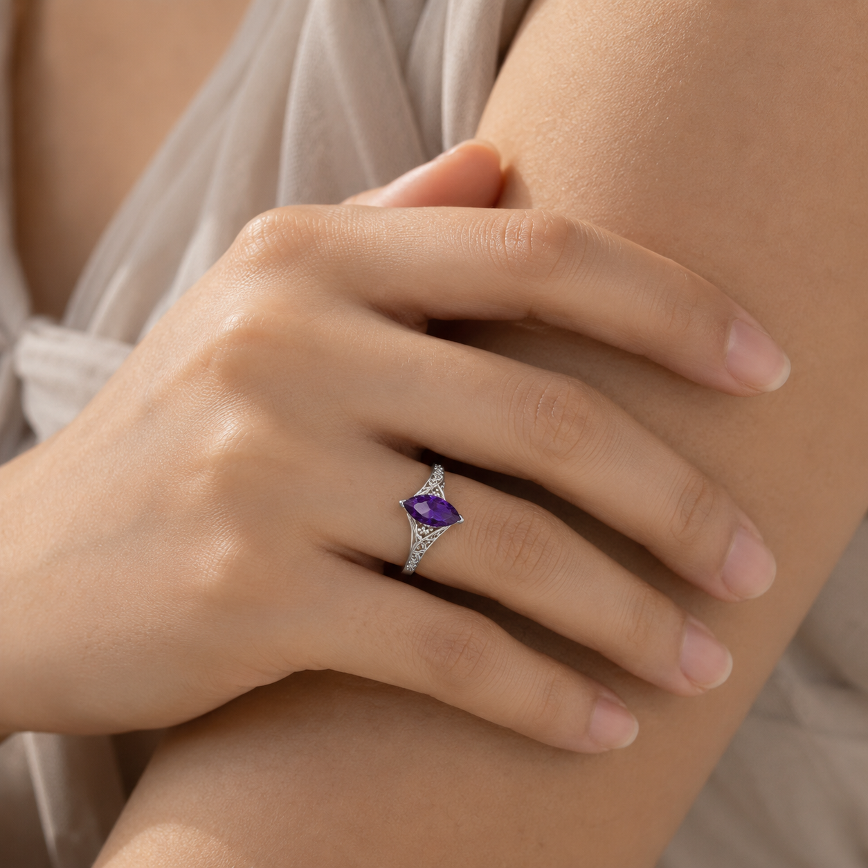 Marquise Amethyst Filigree Ring