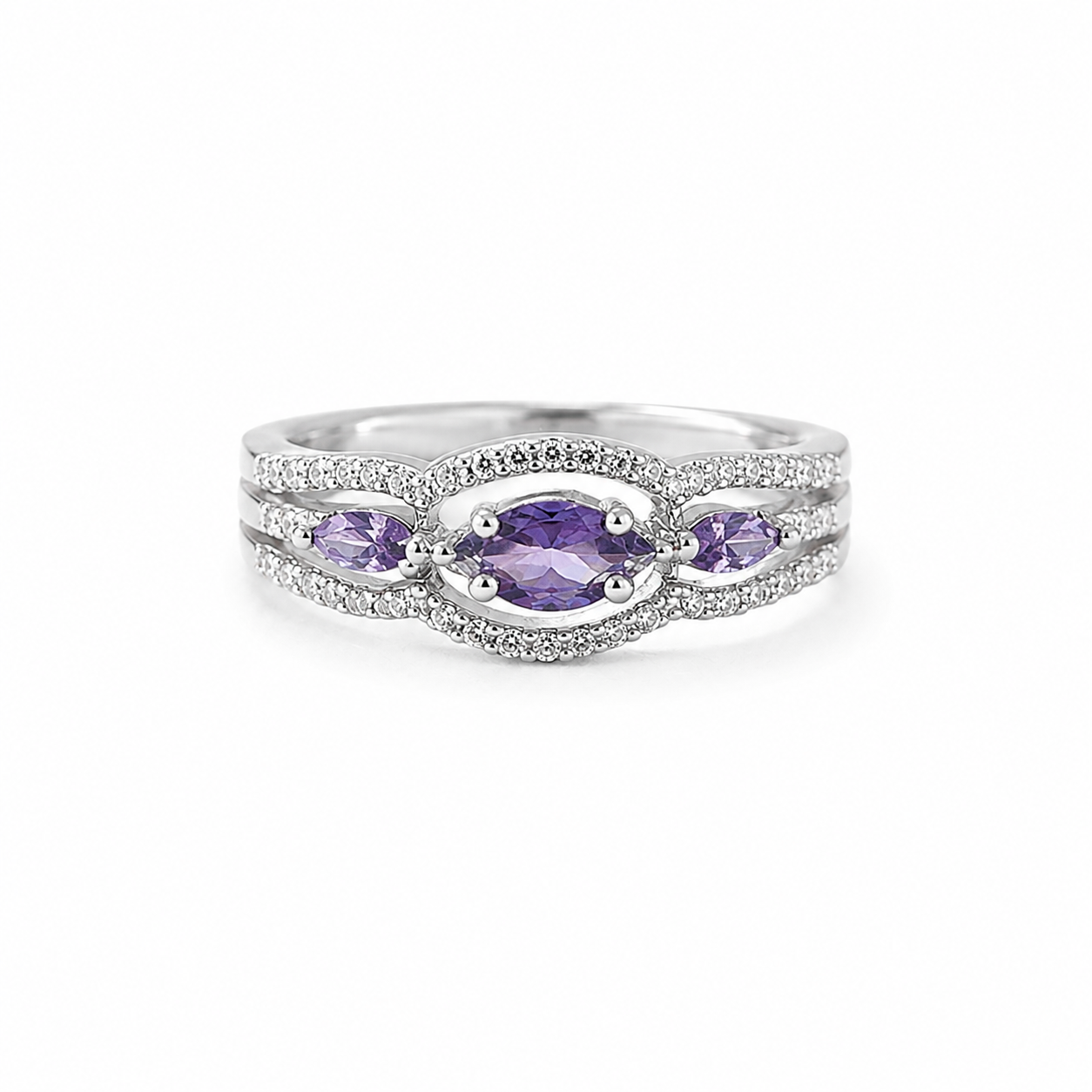 Amethyst Halo Trio Ring