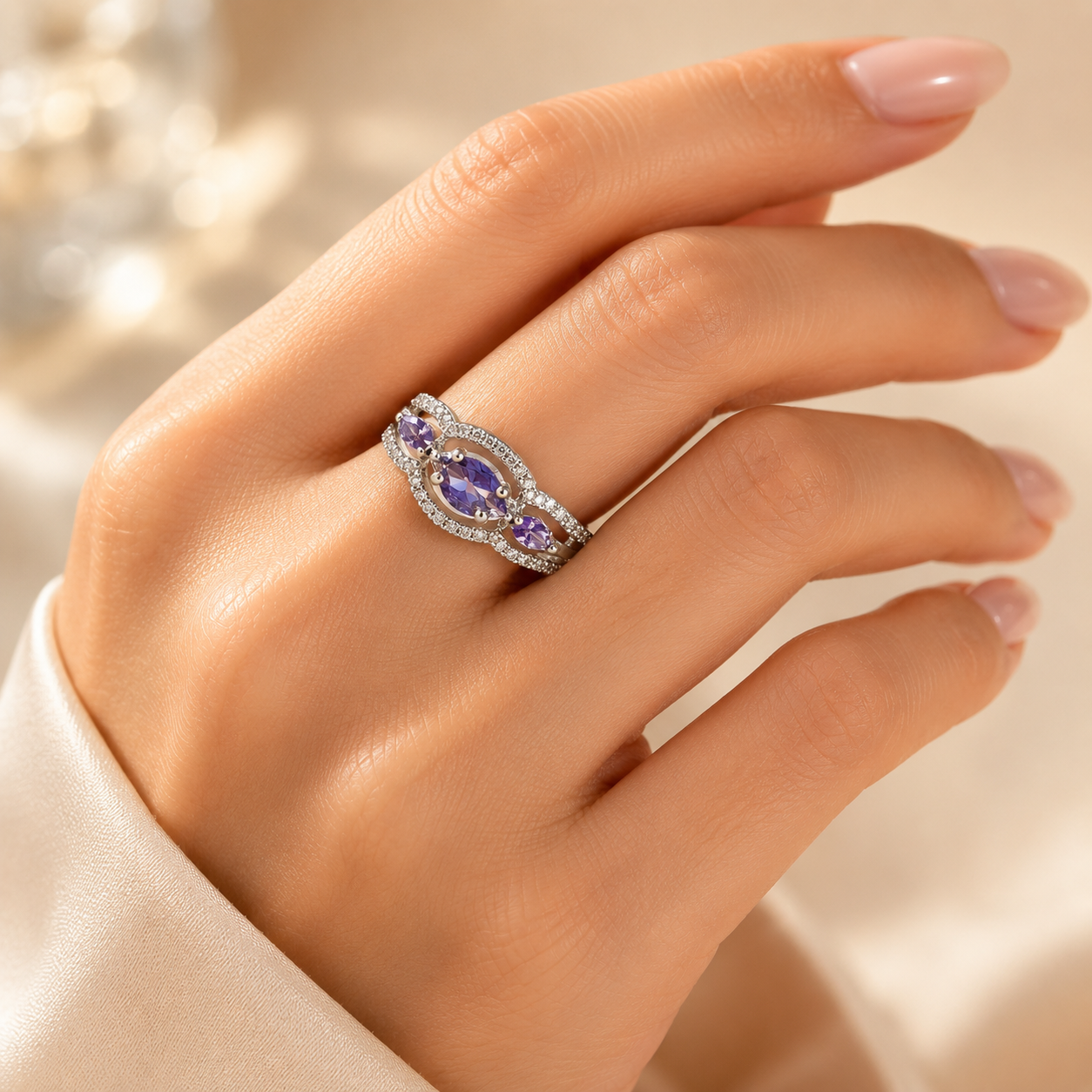 Amethyst Halo Trio Ring