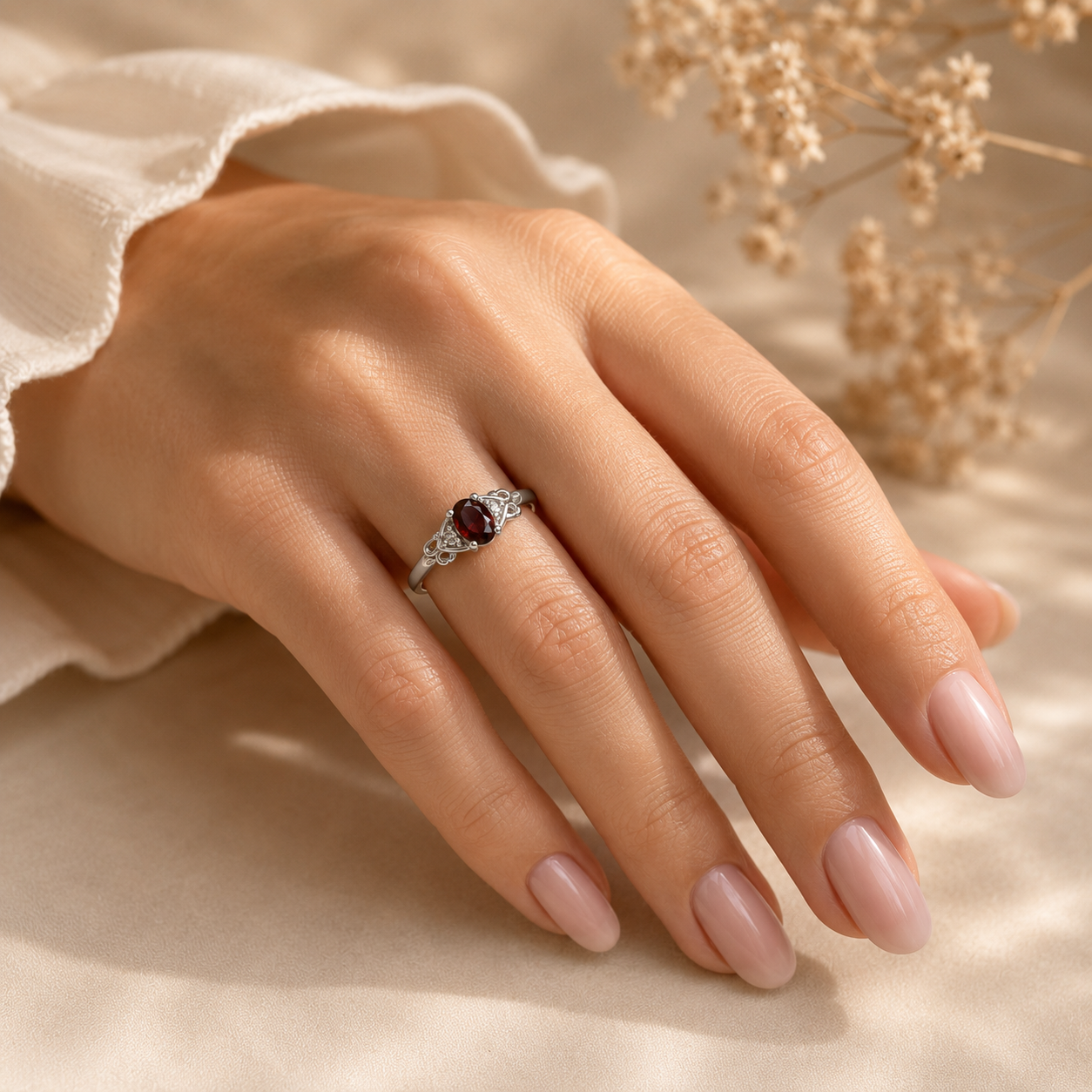 Garnet Vintage Scroll Ring