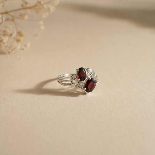Dual Garnet Heart Swirl Ring