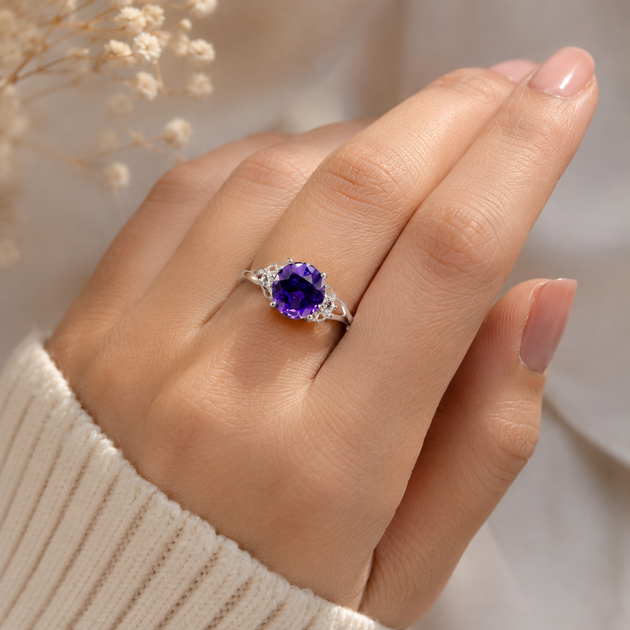 Classic Round Amethyst Solitaire Ring