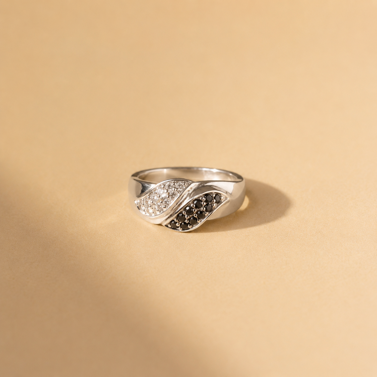 Black Onyx & White CZ Wave Ring