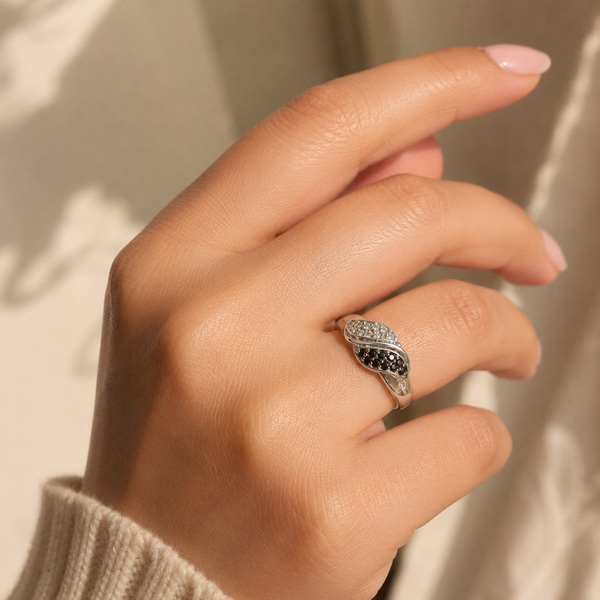 Black Onyx & White CZ Wave Ring