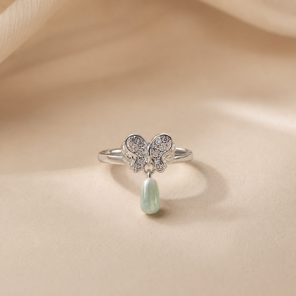 Green Jade Butterfly Dangle Ring