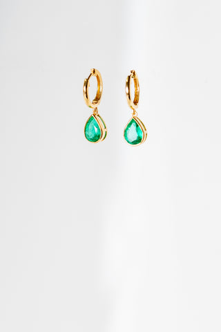 a pair of gold earrings with green stones