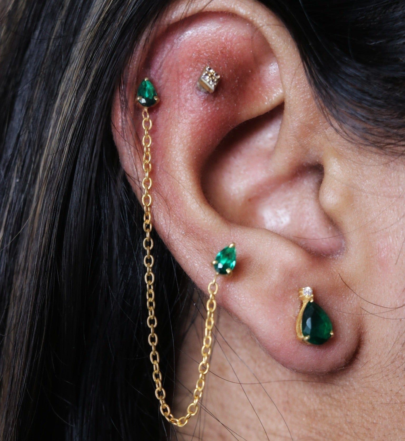 Emerald Drop Ear Chain