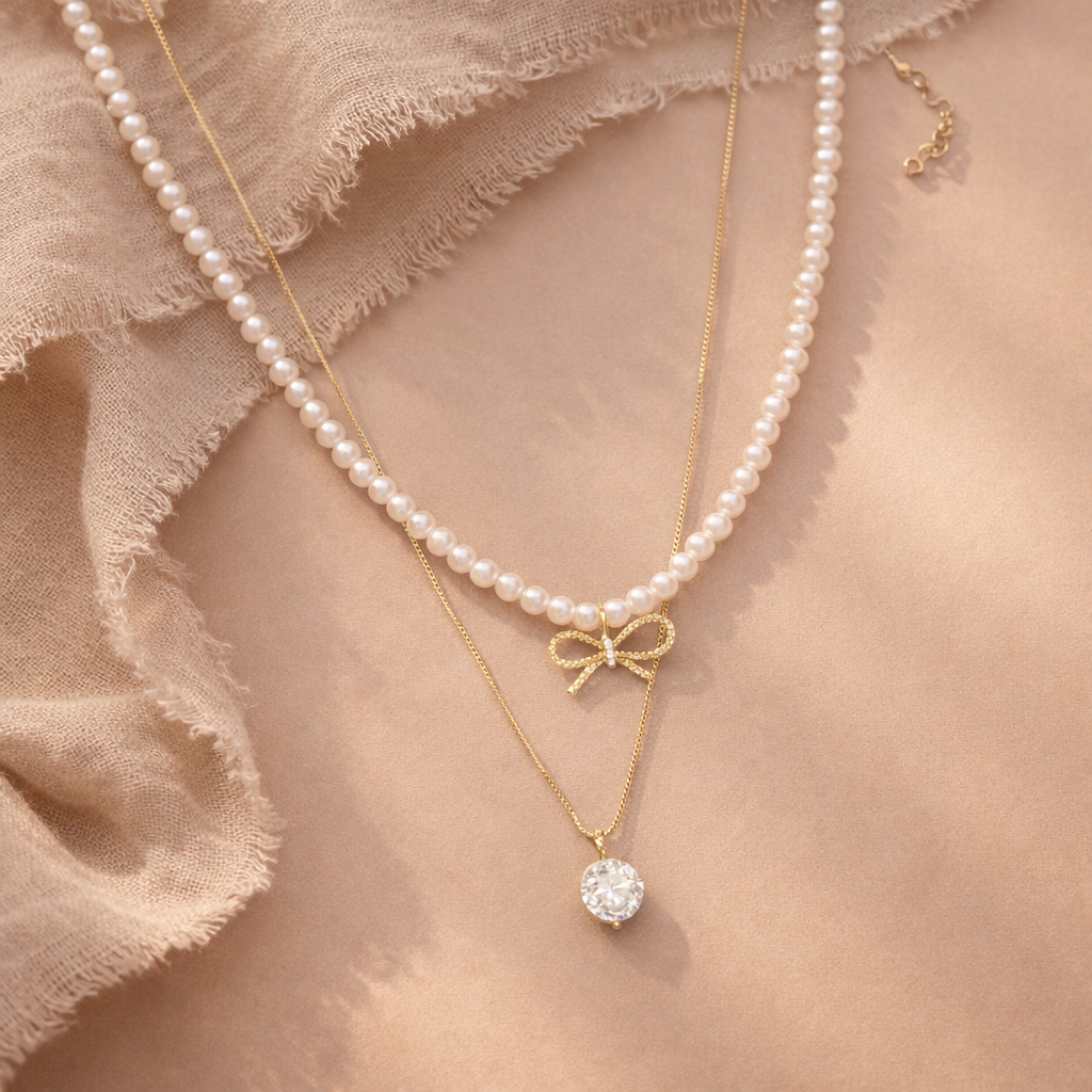 Pearl Bow Stacked Necklace