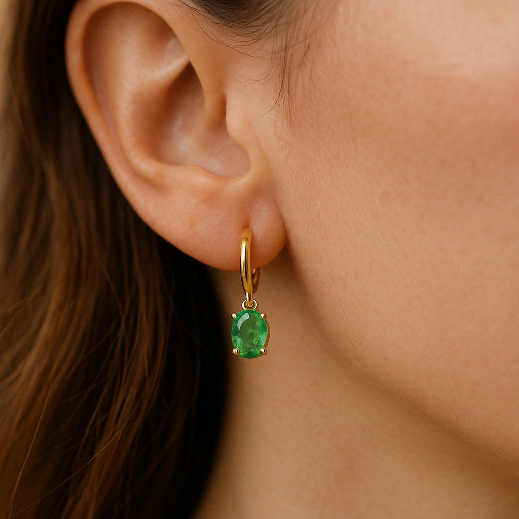 18k Emerald Oval Prong Drop Huggie