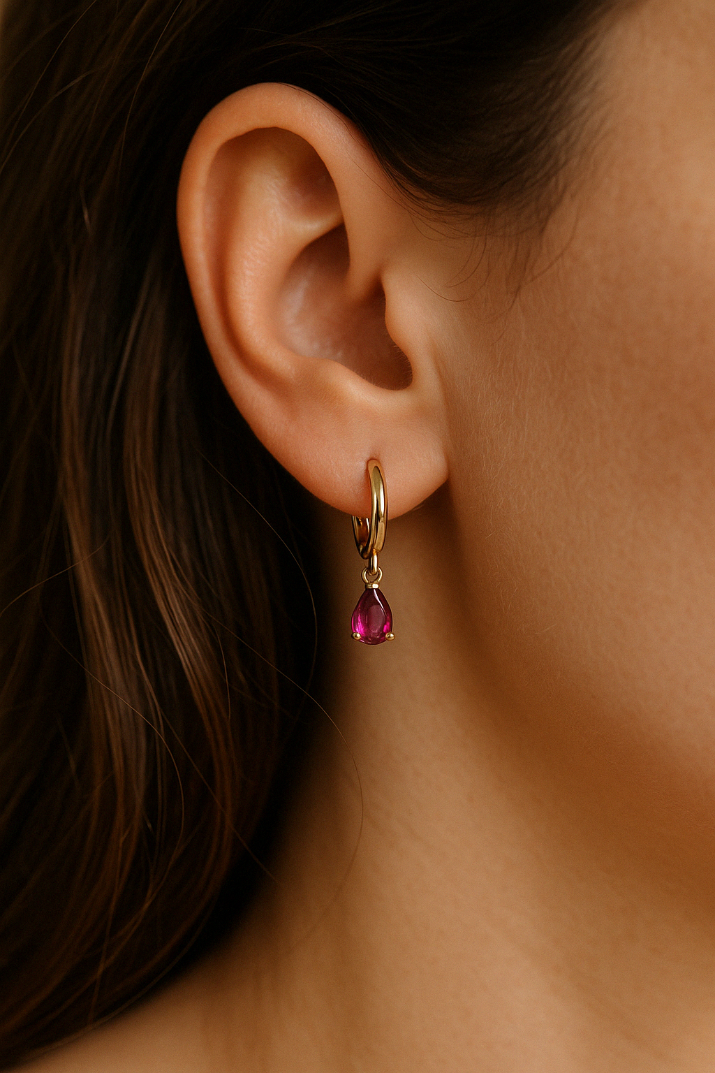 Ruby Pear Drop Huggie