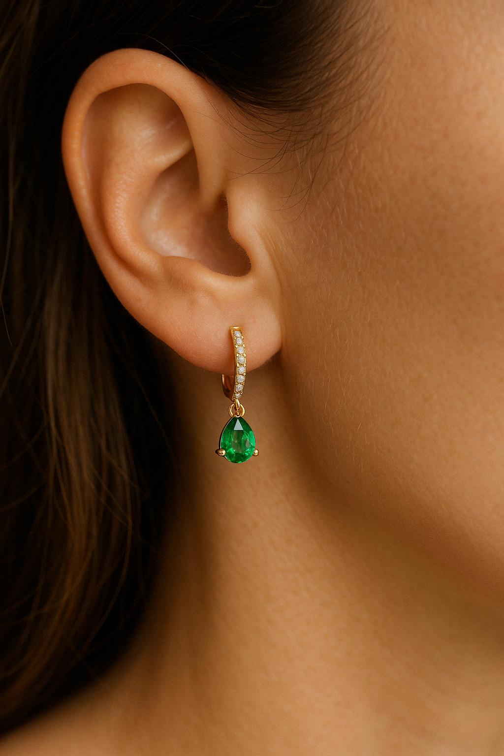 Emerald Diamond Pear Drop Huggie