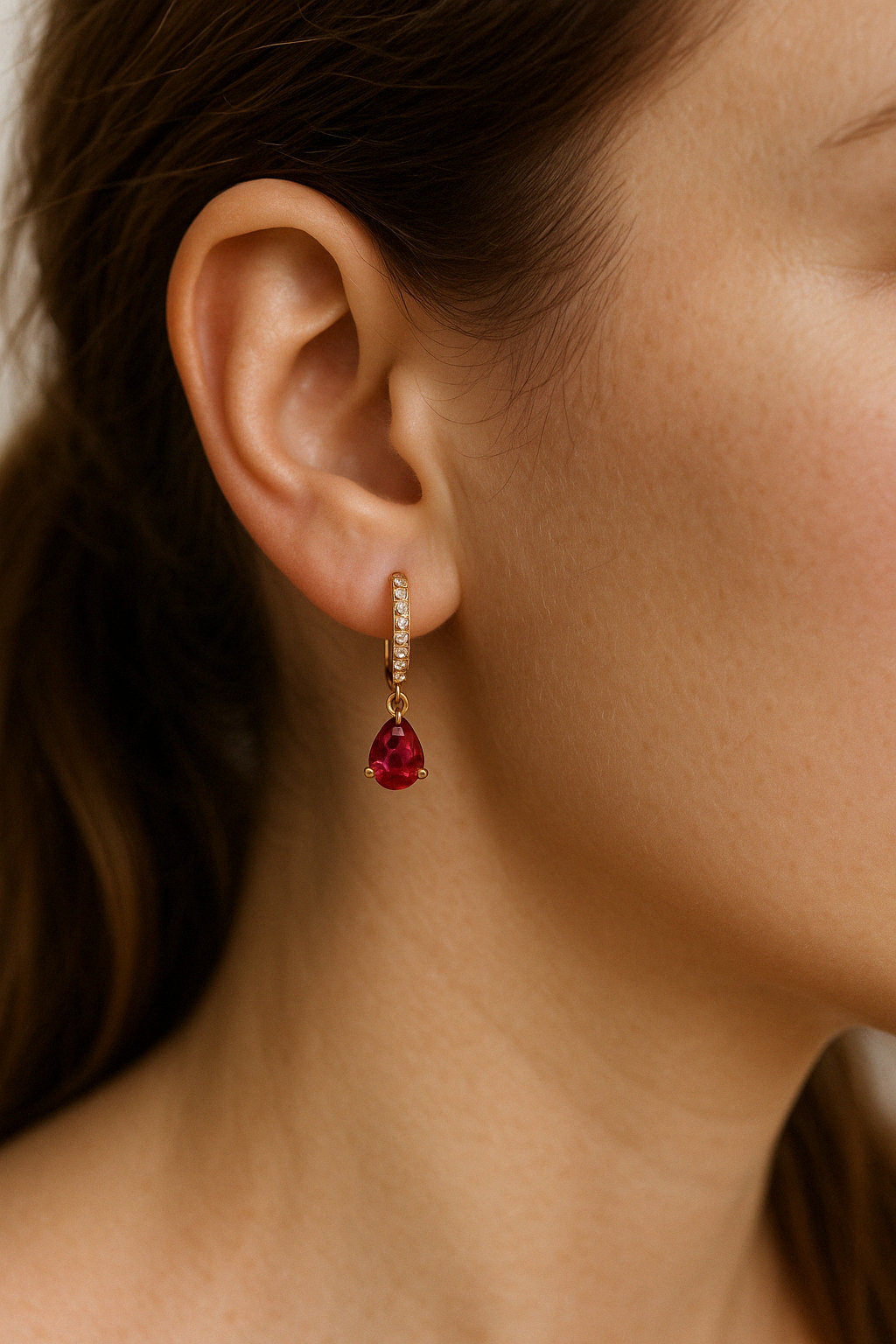 Ruby Diamond Pear Drop Huggie