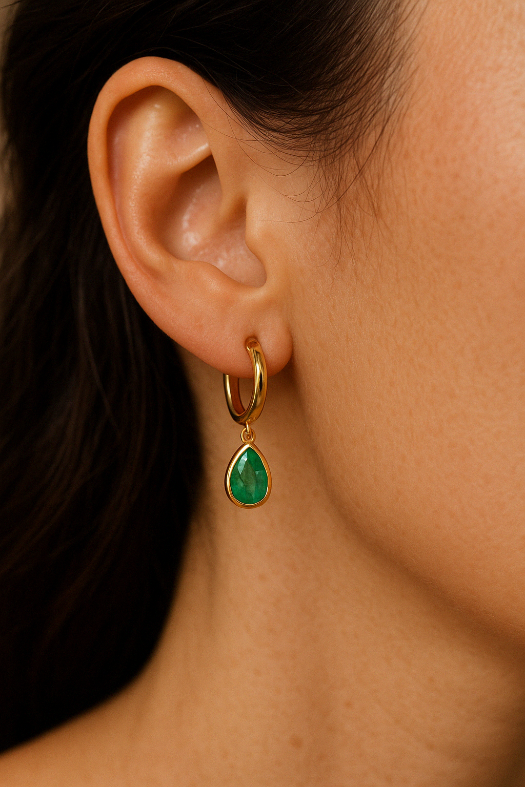 18k Emerald Pear Drop Huggie
