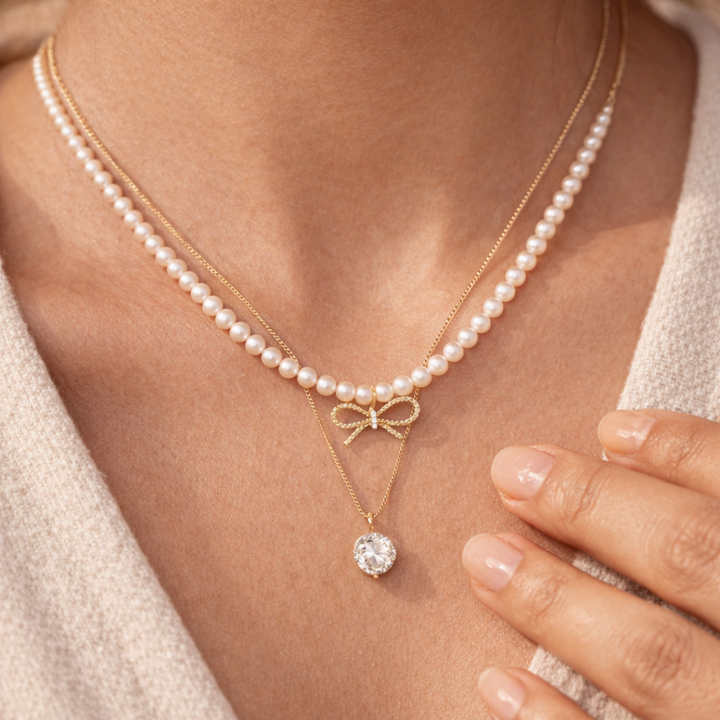 Pearl Bow Stacked Necklace