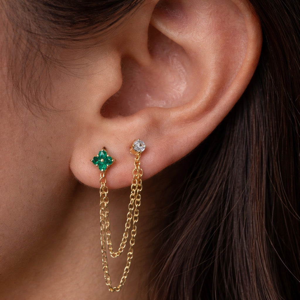 Emerald Diamond Duet Chain Earrings